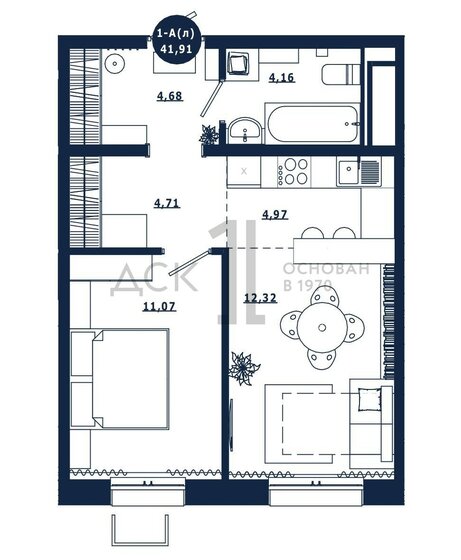 41,9 м², 1-комнатная квартира 6 300 000 ₽ - изображение 1