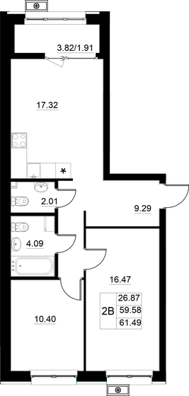 61,5 м², 2-комнатная квартира 9 360 000 ₽ - изображение 1