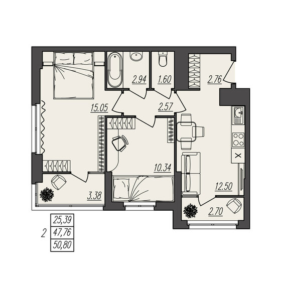 50,8 м², 2-комнатная квартира 7 366 000 ₽ - изображение 15