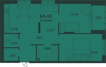 Квартира 64,4 м², 3-комнатная - изображение 1