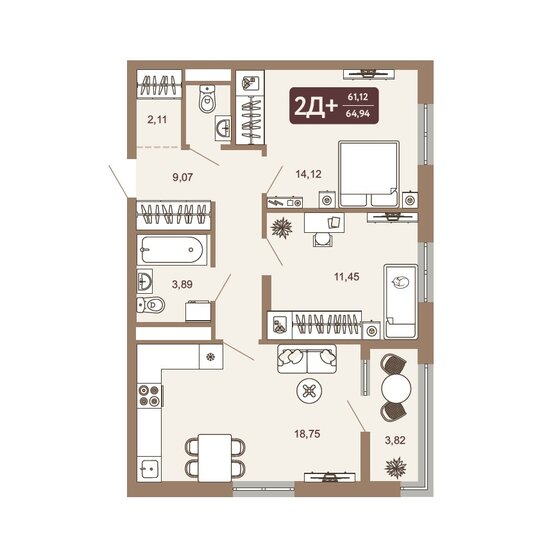 64,9 м², 2-комнатная квартира 6 225 180 ₽ - изображение 1