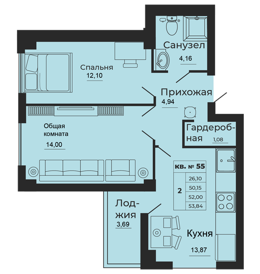 52 м², 2-комнатная квартира 4 524 000 ₽ - изображение 1