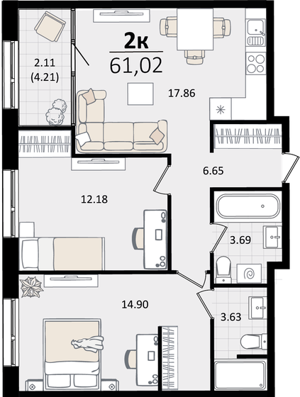 61 м², 2-комнатная квартира 16 206 912 ₽ - изображение 1