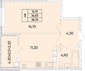 Квартира 38,7 м², 1-комнатная - изображение 1