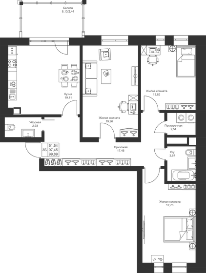 99,9 м², 3-комнатная квартира 11 986 800 ₽ - изображение 1