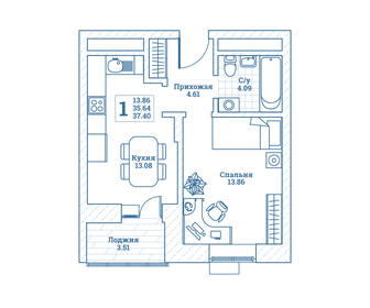 Квартира 37,4 м², 1-комнатная - изображение 1