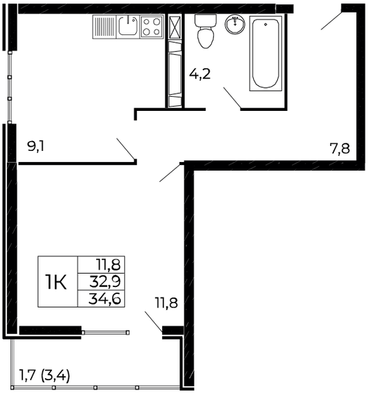 34,6 м², 1-комнатная квартира 4 383 820 ₽ - изображение 1