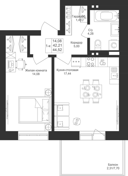 44,5 м², 1-комнатная квартира 7 123 200 ₽ - изображение 1