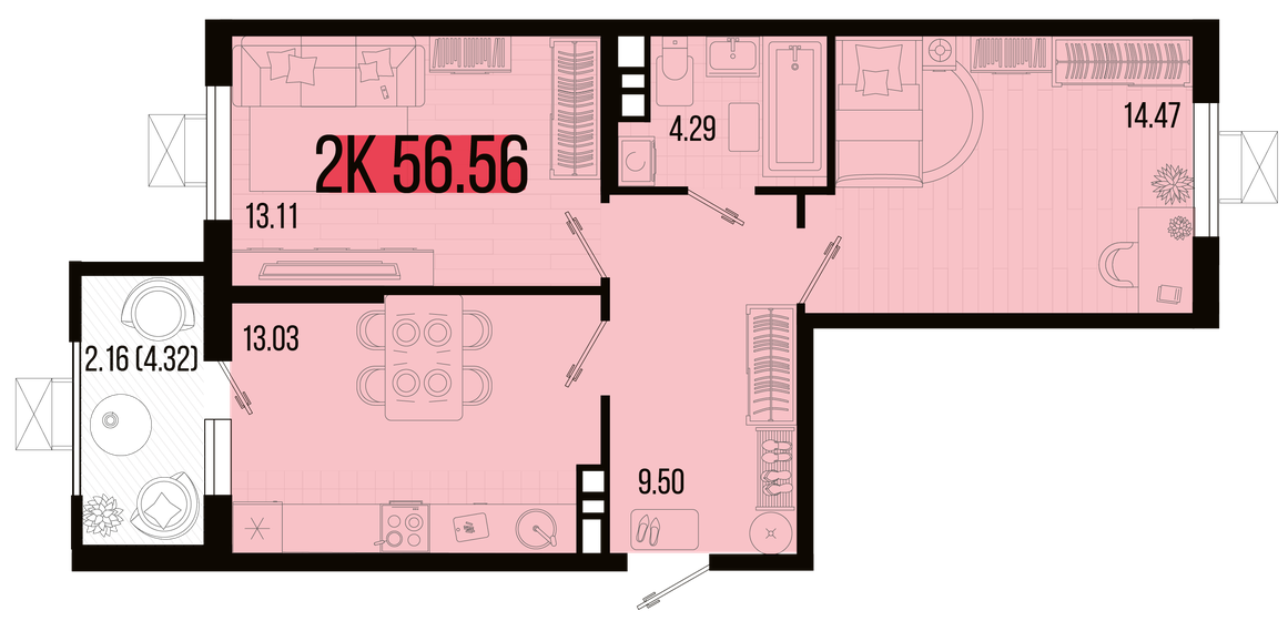 56,6 м², 2-комнатная квартира 6 165 040 ₽ - изображение 1