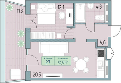 Квартира 60,7 м², 2-комнатные - изображение 1