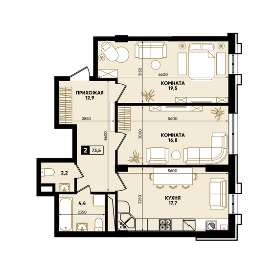 73,5 м², 2-комнатная квартира 6 445 656 ₽ - изображение 1