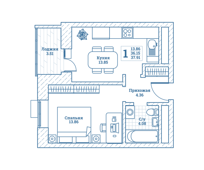 37,9 м², 1-комнатная квартира 4 530 245 ₽ - изображение 1