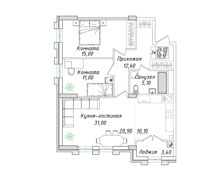 78,1 м², 2-комнатная квартира 6 560 400 ₽ - изображение 1