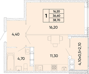 Квартира 38,7 м², 1-комнатная - изображение 1