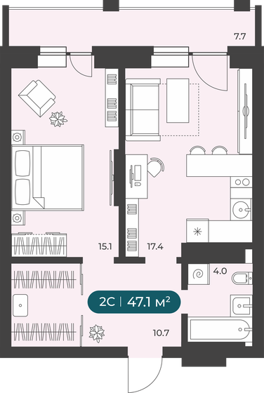 47,1 м², 2-комнатная квартира 5 880 000 ₽ - изображение 1