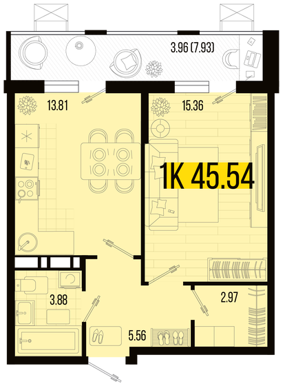 45,5 м², 1-комнатная квартира 5 018 508 ₽ - изображение 1