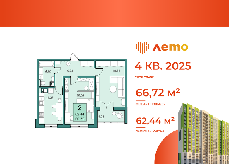 62,4 м², 2-комнатная квартира 5 938 044 ₽ - изображение 1