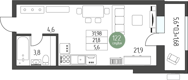 Квартира 35,9 м², студия - изображение 1