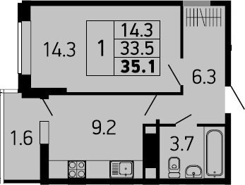 Квартира 35,1 м², 1-комнатная - изображение 1