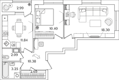 Квартира 59,8 м², 2-комнатная - изображение 1