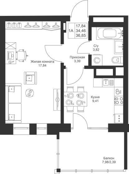 36,9 м², 1-комнатная квартира 6 485 600 ₽ - изображение 1