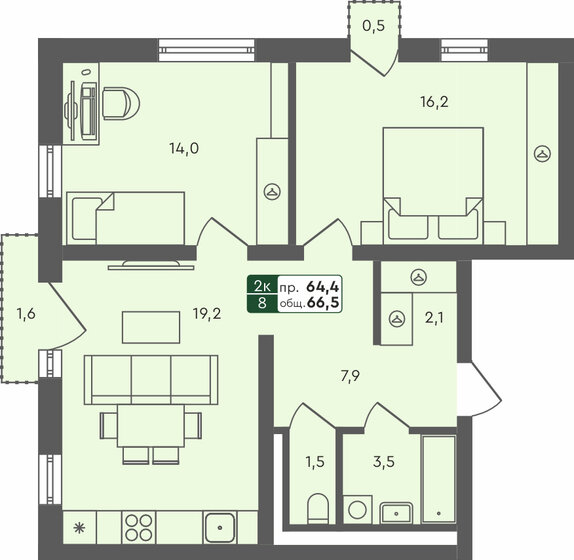 66,5 м², 2-комнатная квартира 7 964 500 ₽ - изображение 1