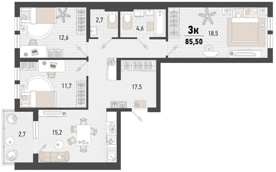 85,5 м², 3-комнатная квартира 22 555 756 ₽ - изображение 1