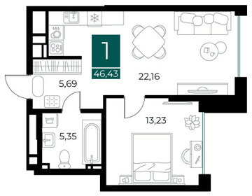 Квартира 46,4 м², 1-комнатная - изображение 1