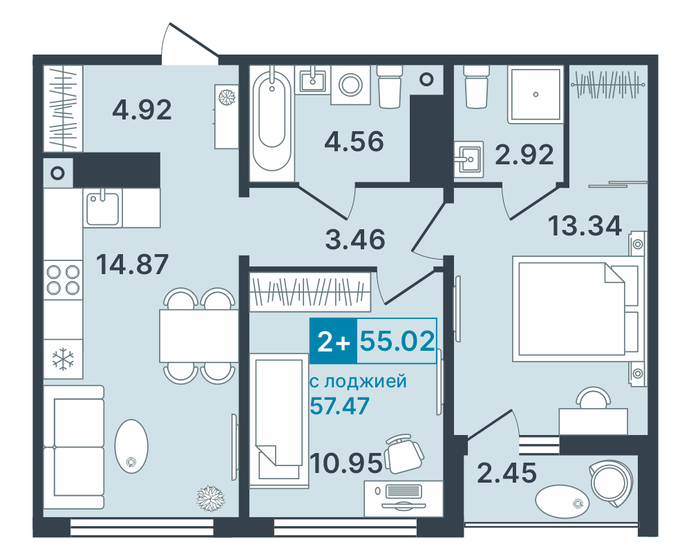 55 м², 2-комнатная квартира 8 890 000 ₽ - изображение 1