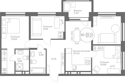 Квартира 82,2 м², 3-комнатная - изображение 1