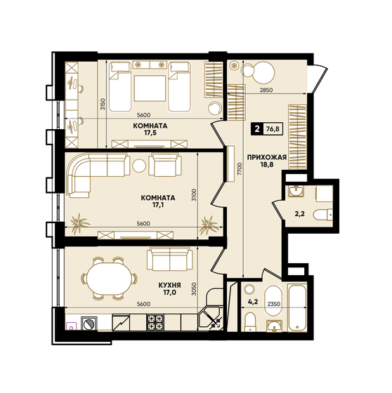 76,8 м², 2-комнатная квартира 6 735 053 ₽ - изображение 1