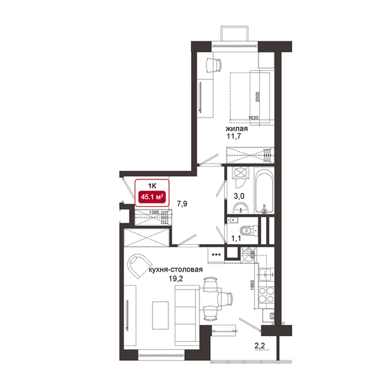 45,1 м², 1-комнатная квартира 9 203 000 ₽ - изображение 1