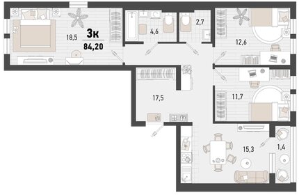 Квартира 84,1 м², 3-комнатная - изображение 1