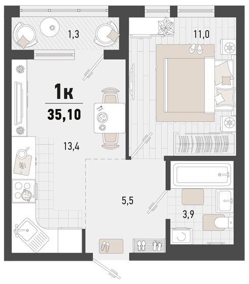 35,1 м², 1-комнатная квартира 8 494 200 ₽ - изображение 1