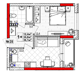 39,4 м², 1-комнатная квартира 5 150 000 ₽ - изображение 32