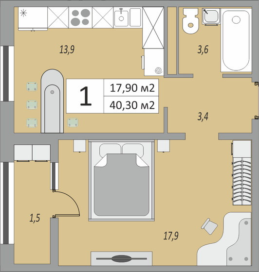 40,3 м², 1-комнатная квартира 2 987 439 ₽ - изображение 1