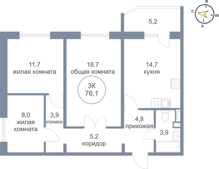 76,1 м², 3-комнатная квартира 7 300 000 ₽ - изображение 1