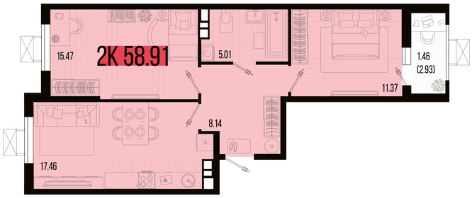 Квартира 58,9 м², 2-комнатная - изображение 1