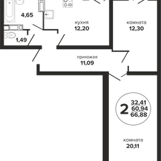 Квартира 66,9 м², 2-комнатная - изображение 2