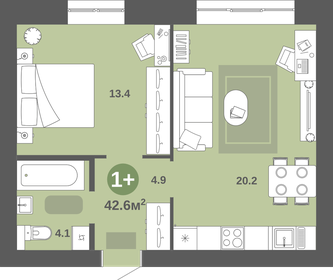 42,6 м², 1-комнатная квартира 3 790 000 ₽ - изображение 3