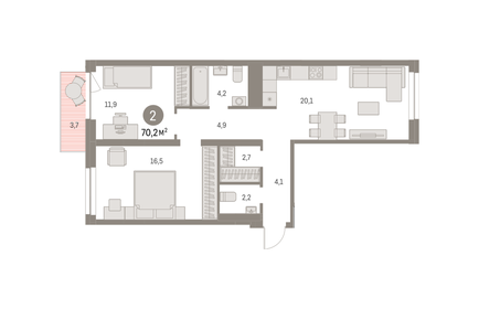 Квартира 70,2 м², 2-комнатная - изображение 1