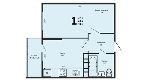 Квартира 32,7 м², 1-комнатная - изображение 1