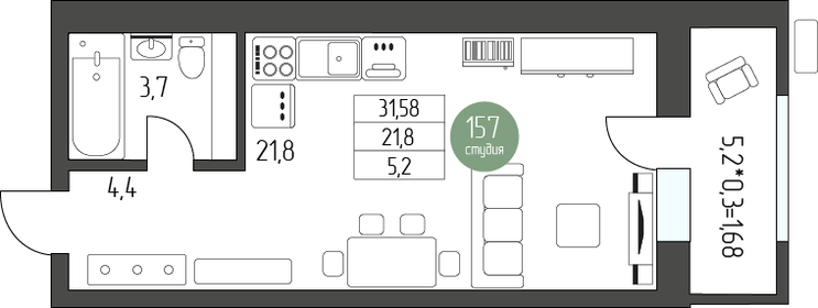 Квартира 31,6 м², студия - изображение 2