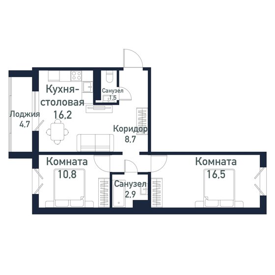 56,5 м², 2-комнатная квартира 7 830 000 ₽ - изображение 1