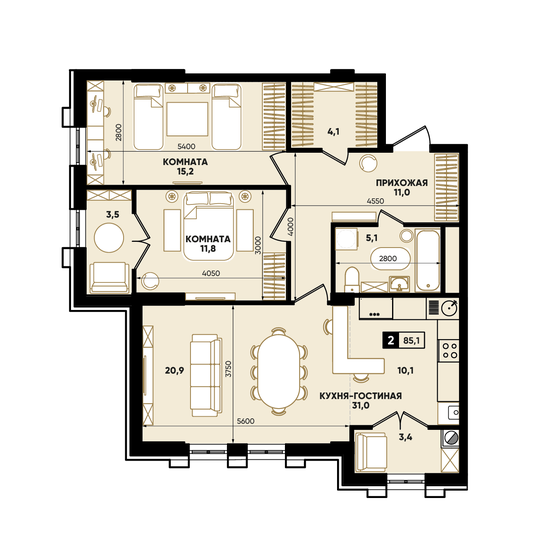 85,1 м², 2-комнатная квартира 7 374 085 ₽ - изображение 7