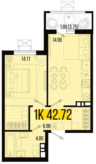 42,7 м², 1-комнатная квартира 4 673 568 ₽ - изображение 1