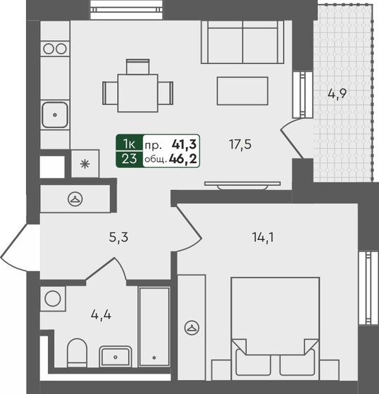 46,2 м², 1-комнатная квартира 5 977 230 ₽ - изображение 1