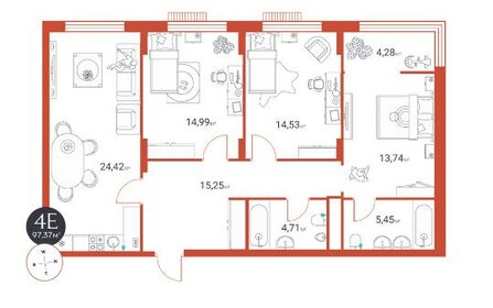 Квартира 97,4 м², 3-комнатная - изображение 1