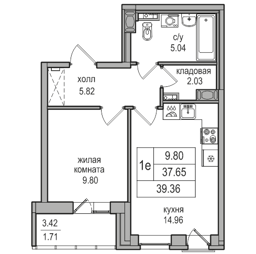 37,7 м², 1-комнатная квартира 8 580 480 ₽ - изображение 1
