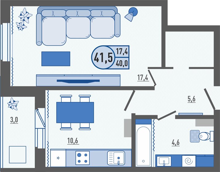 41,5 м², 1-комнатная квартира 3 722 550 ₽ - изображение 1